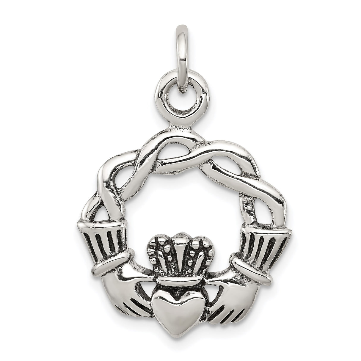 Sterling Silver Claddagh Pendant with Celtic Knot Circle, Irish Love Loyalty Friendship Symbol