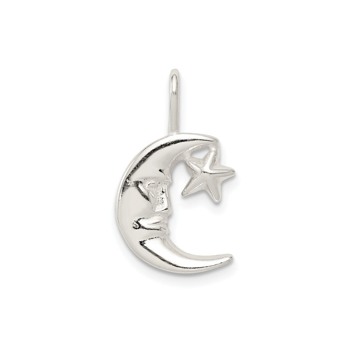 Sterling Silver Crescent Moon and Star Pendant with Face Detail, Celestial Boho Jewelry for Women