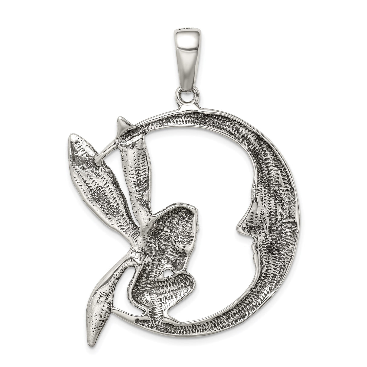 Sterling Silver Fairy Pendant with Crescent Moon and Wings, Fantasy Celestial Jewelry