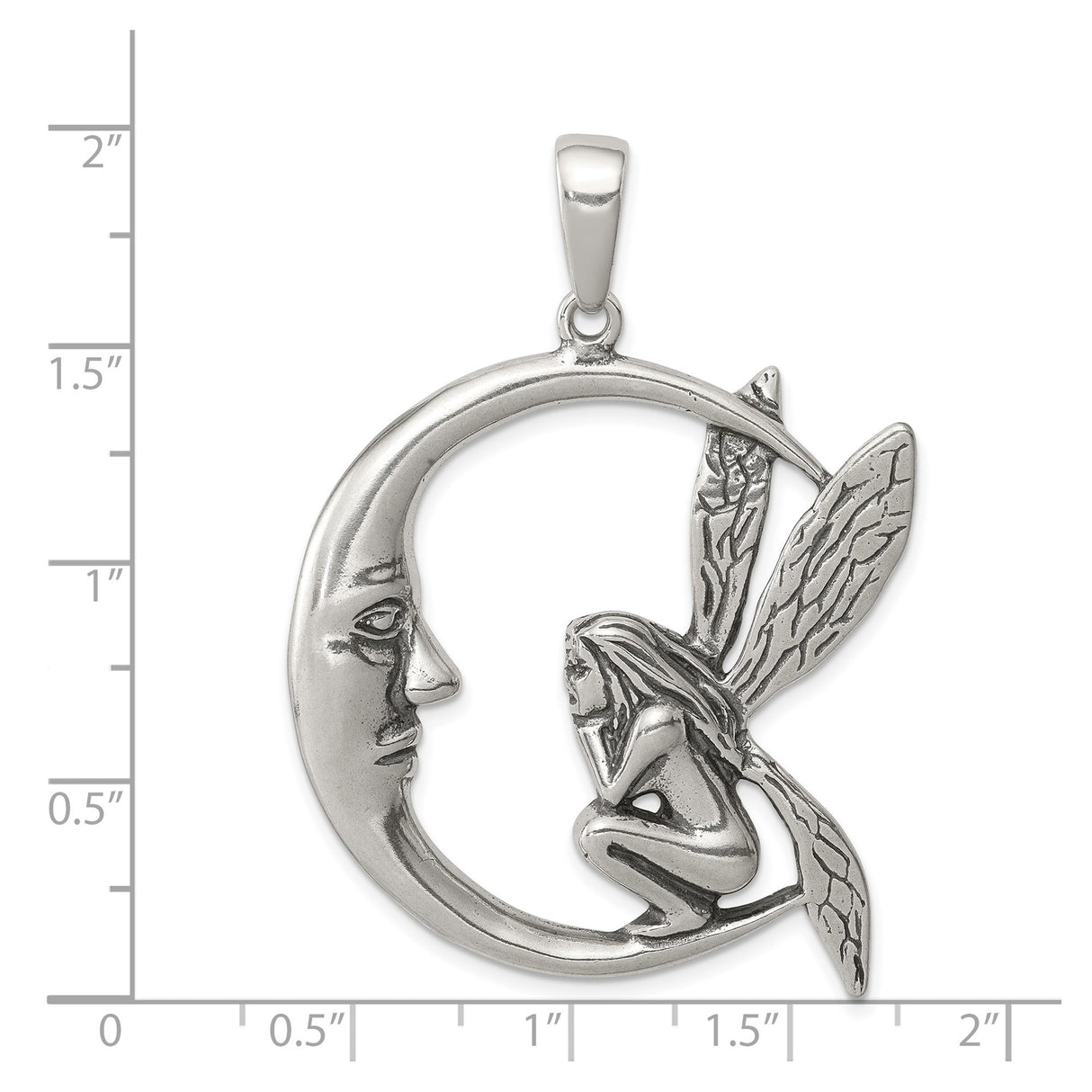 Sterling Silver Fairy Pendant with Crescent Moon and Wings, Fantasy Celestial Jewelry