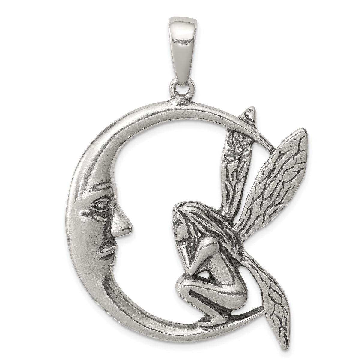 Sterling Silver Fairy Pendant with Crescent Moon and Wings, Fantasy Celestial Jewelry