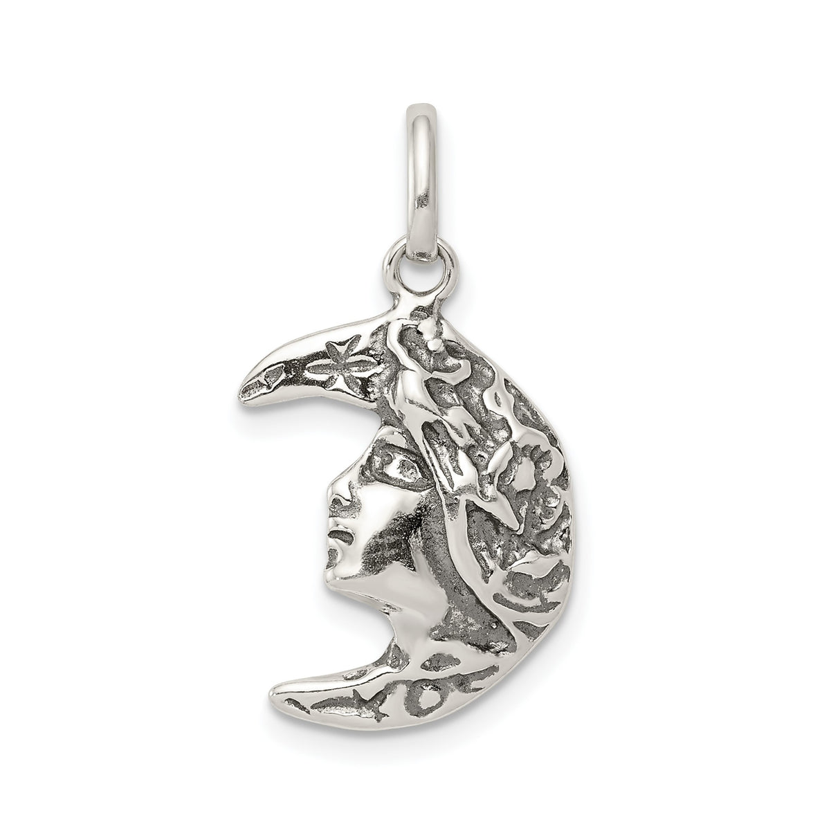 Sterling Silver Crescent Moon Face Pendant with Floral Vine, Celestial Pagan Wiccan Jewelry
