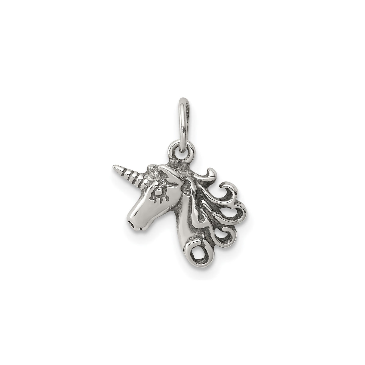Sterling Silver Unicorn Pendant Charm with Detailed Unicorn Head and Flowing Mane