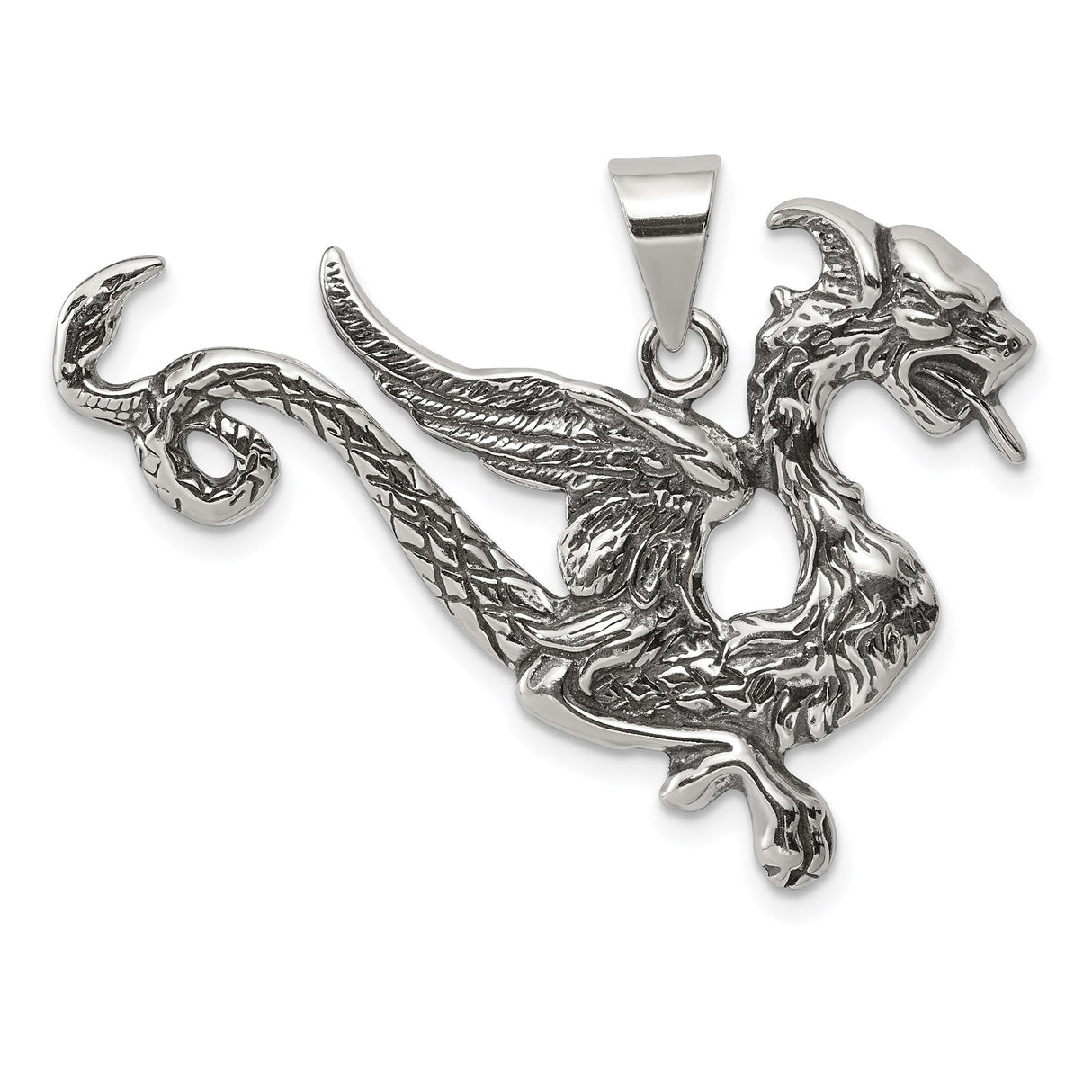 Sterling Silver Dragon Pendant with Winged Medieval Fantasy Design for Men or Unisex Wear