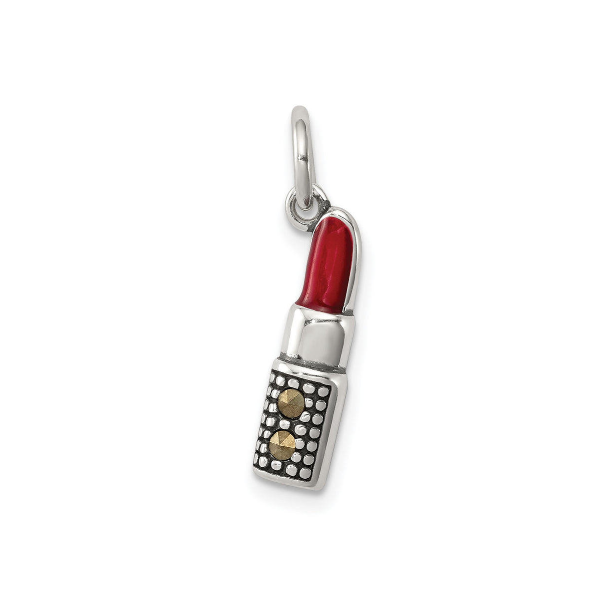 Sterling Silver Lipstick Charm Pendant with Marcasite and Red Enamel Accents