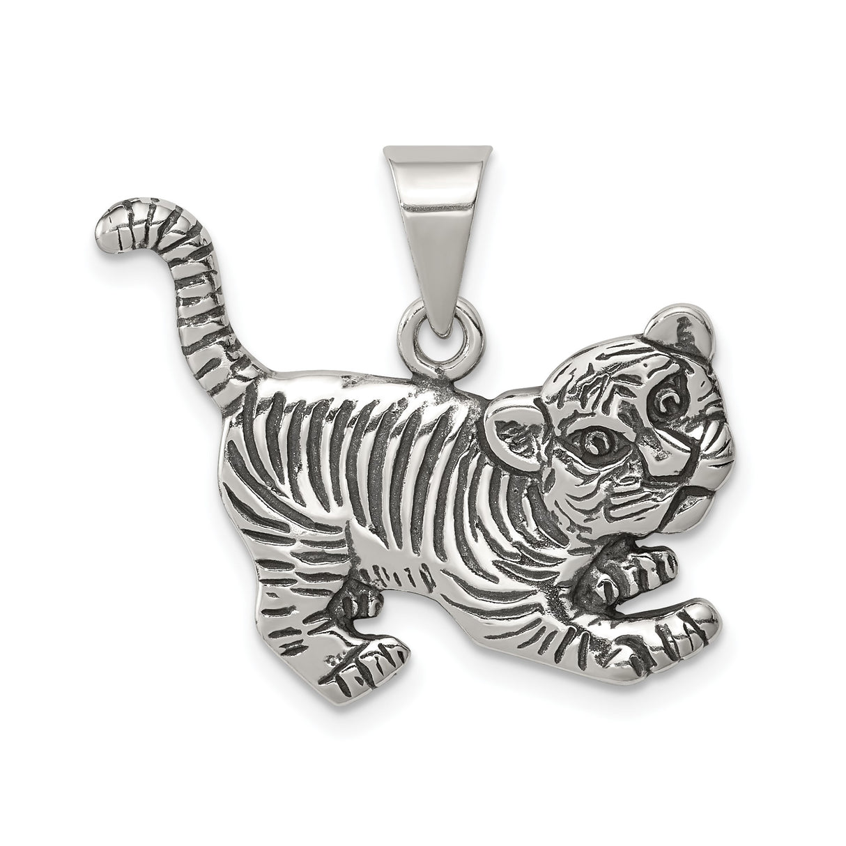 Sterling Silver Tiger Pendant with Detailed Cub Design, Zodiac Animal Charm for Men or Women