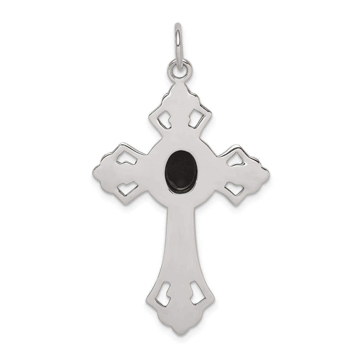 Sterling Silver Cross Pendant with Black Onyx, Gothic Medieval Scroll Design