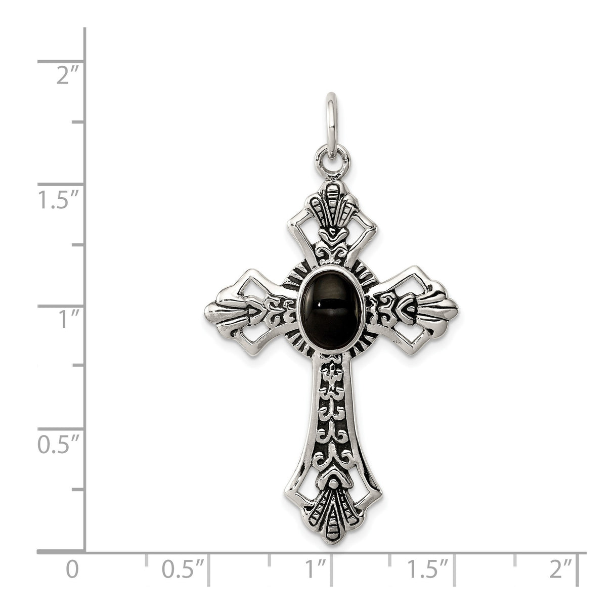 Sterling Silver Cross Pendant with Black Onyx, Gothic Medieval Scroll Design