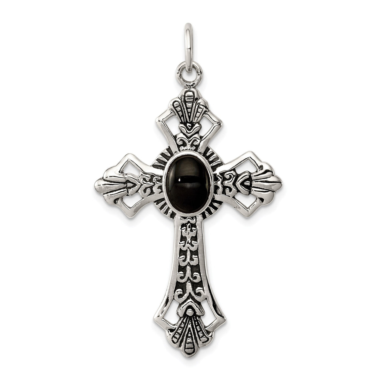 Sterling Silver Cross Pendant with Black Onyx, Gothic Medieval Scroll Design