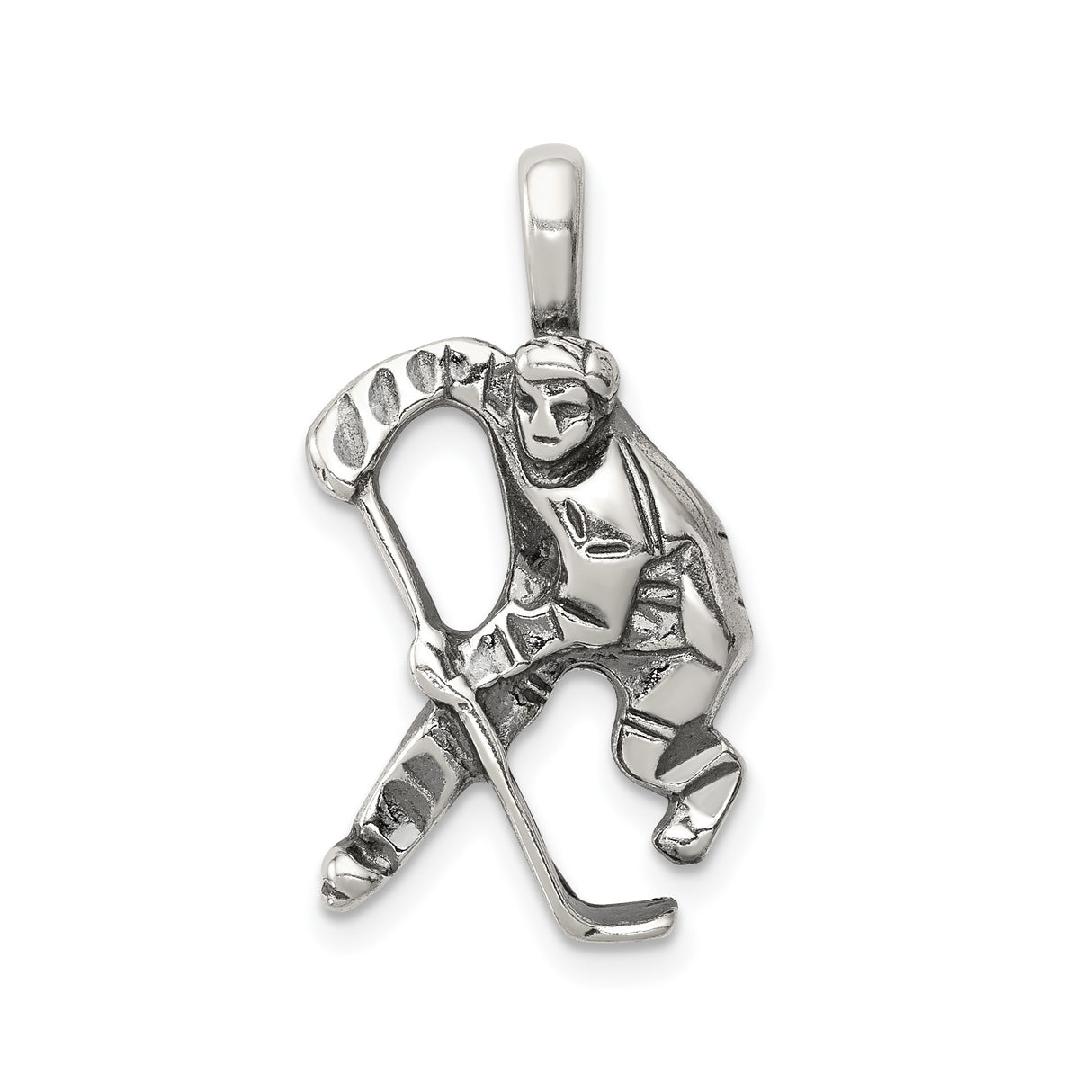 Sterling Silver Hockey Player Pendant with Stick and Gear, Sports Charm for Men or Teens
