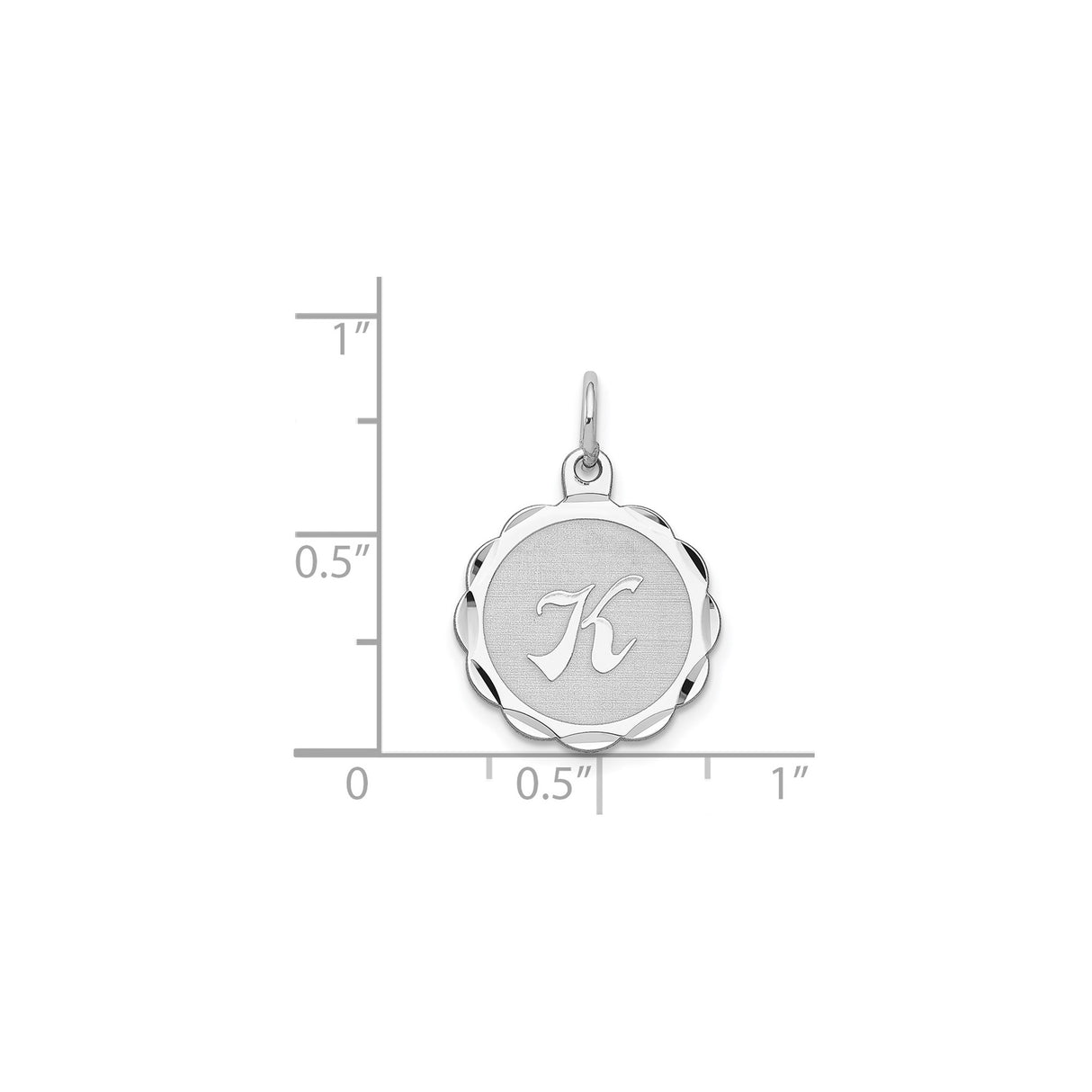 Sterling Silver Round Pendant with Script Letter K, Scalloped Edge and Textured Background