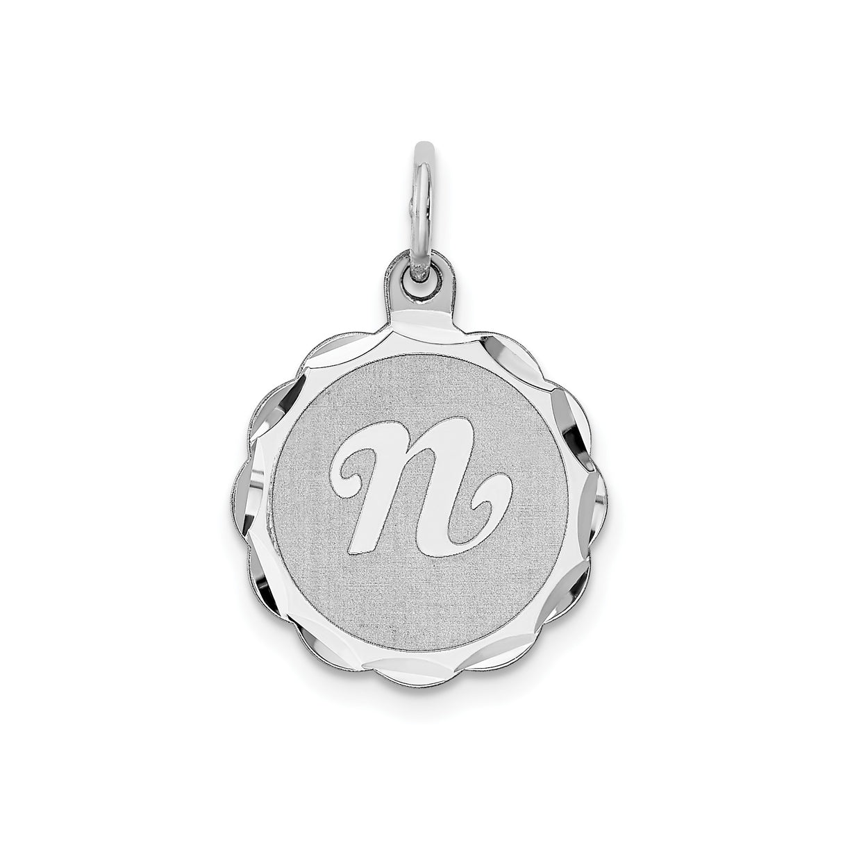 Sterling Silver Initial N Pendant with Script Font and Scalloped Edge Charm