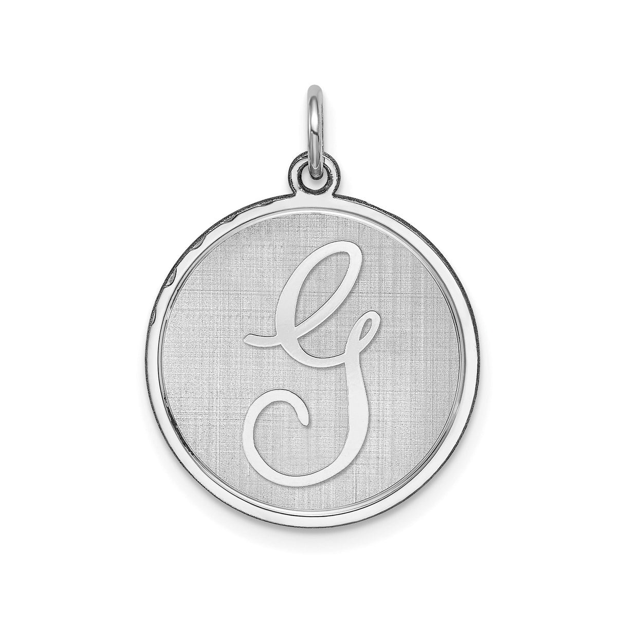 Sterling Silver Round Pendant with Script Letter G Engraving, Textured Monogram Charm