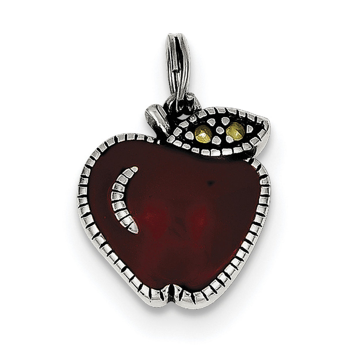 Sterling Silver Apple Pendant with Red Enamel and Yellow Gemstone Accent for Women