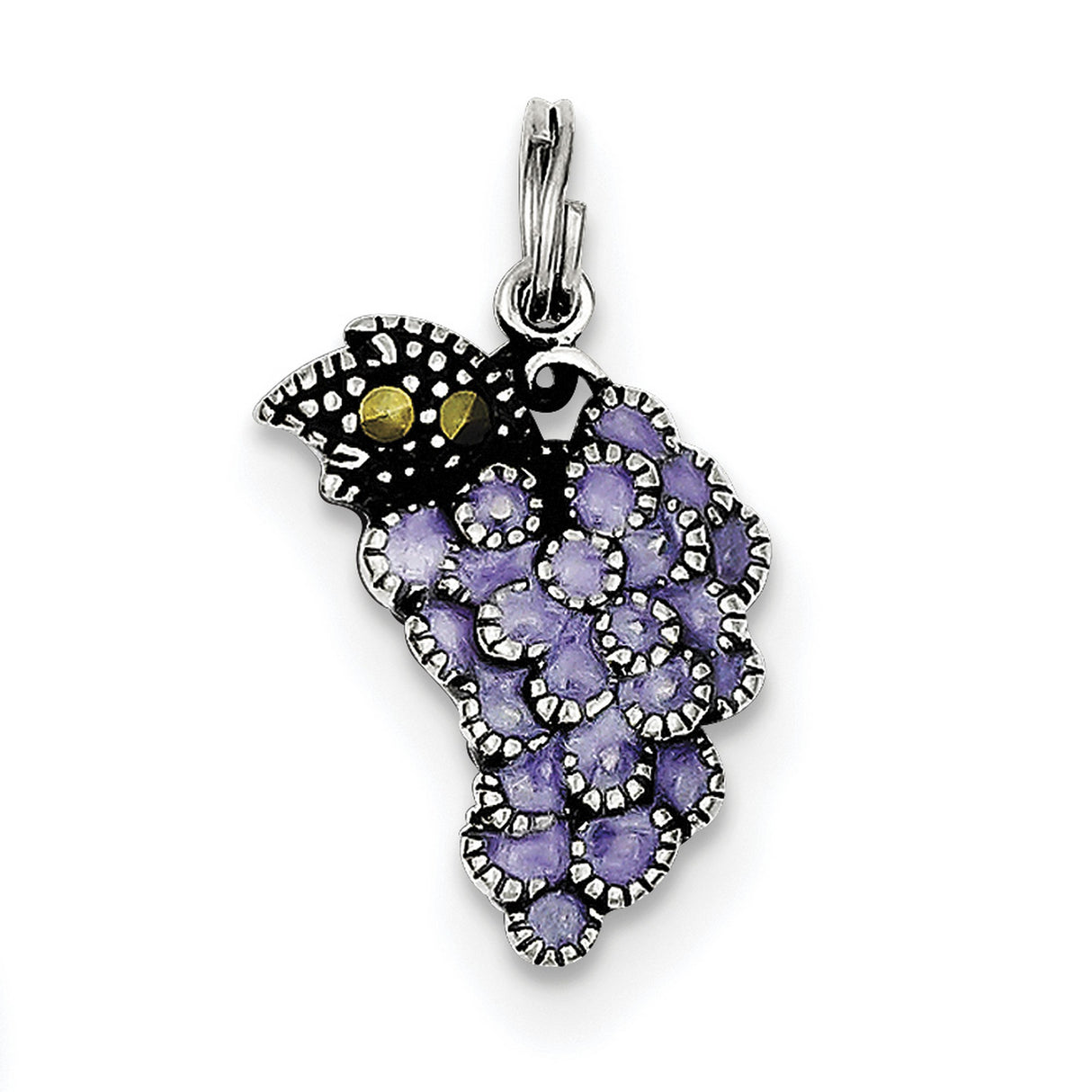 Sterling Silver Owl Pendant with Marcasite, Purple Accents and Yellow Eyes, Whimsical Animal Jewelry