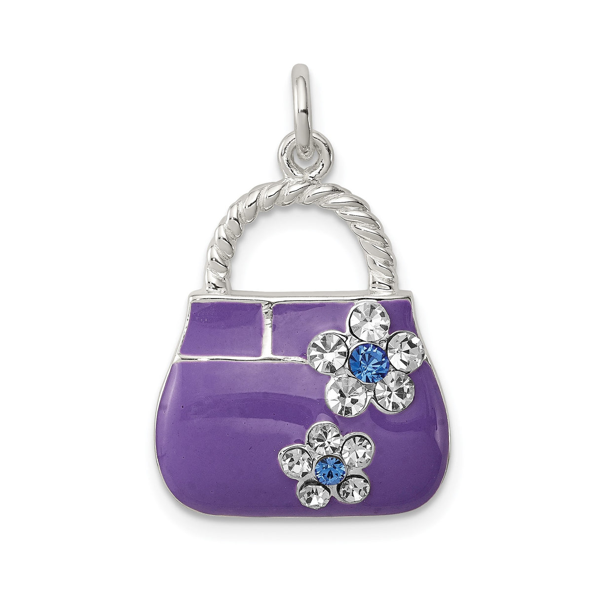 Sterling Silver Handbag Charm Pendant with Cubic Zirconia, Purple Enamel Purse Design