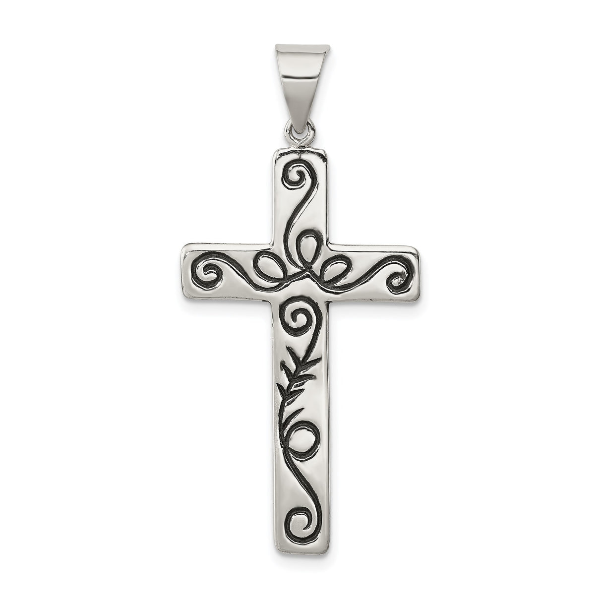Sterling Silver Cross Pendant with Scroll Detail, Oxidized Latin Faith Design