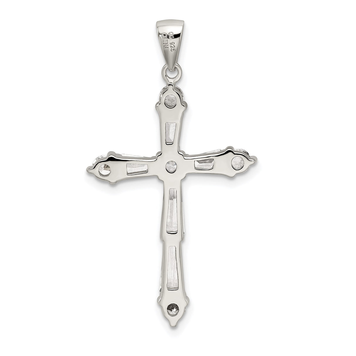 Sterling Silver Cross Pendant with Cubic Zirconia, Baguette and Round Stone Design, Religious Charm