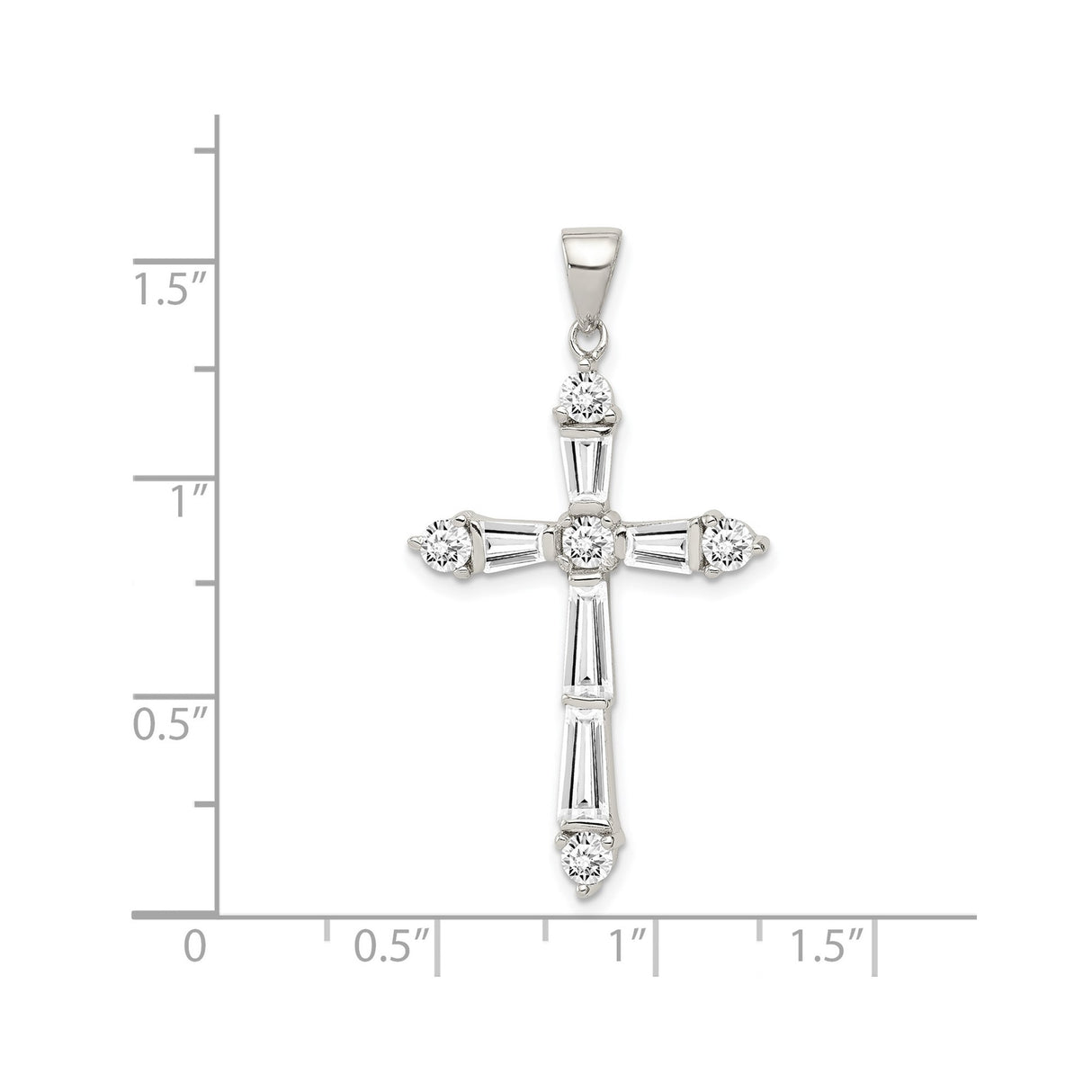 Sterling Silver Cross Pendant with Cubic Zirconia, Baguette and Round Stone Design, Religious Charm