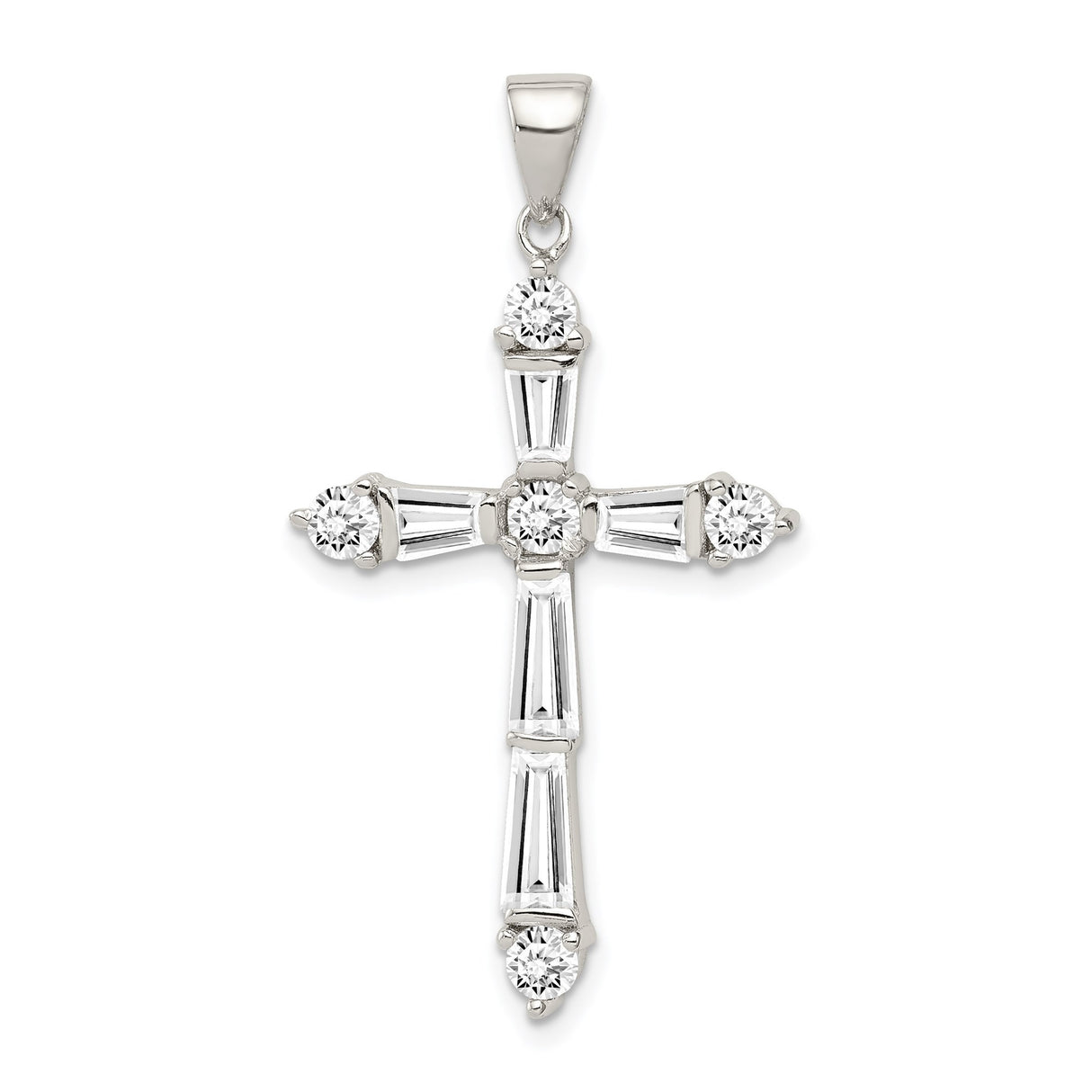 Sterling Silver Cross Pendant with Cubic Zirconia, Baguette and Round Stone Design, Religious Charm
