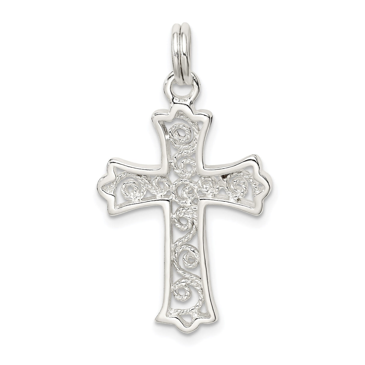 Sterling Silver Cross Pendant with Filigree, Rope Detail, and Fleur de Lis Accents