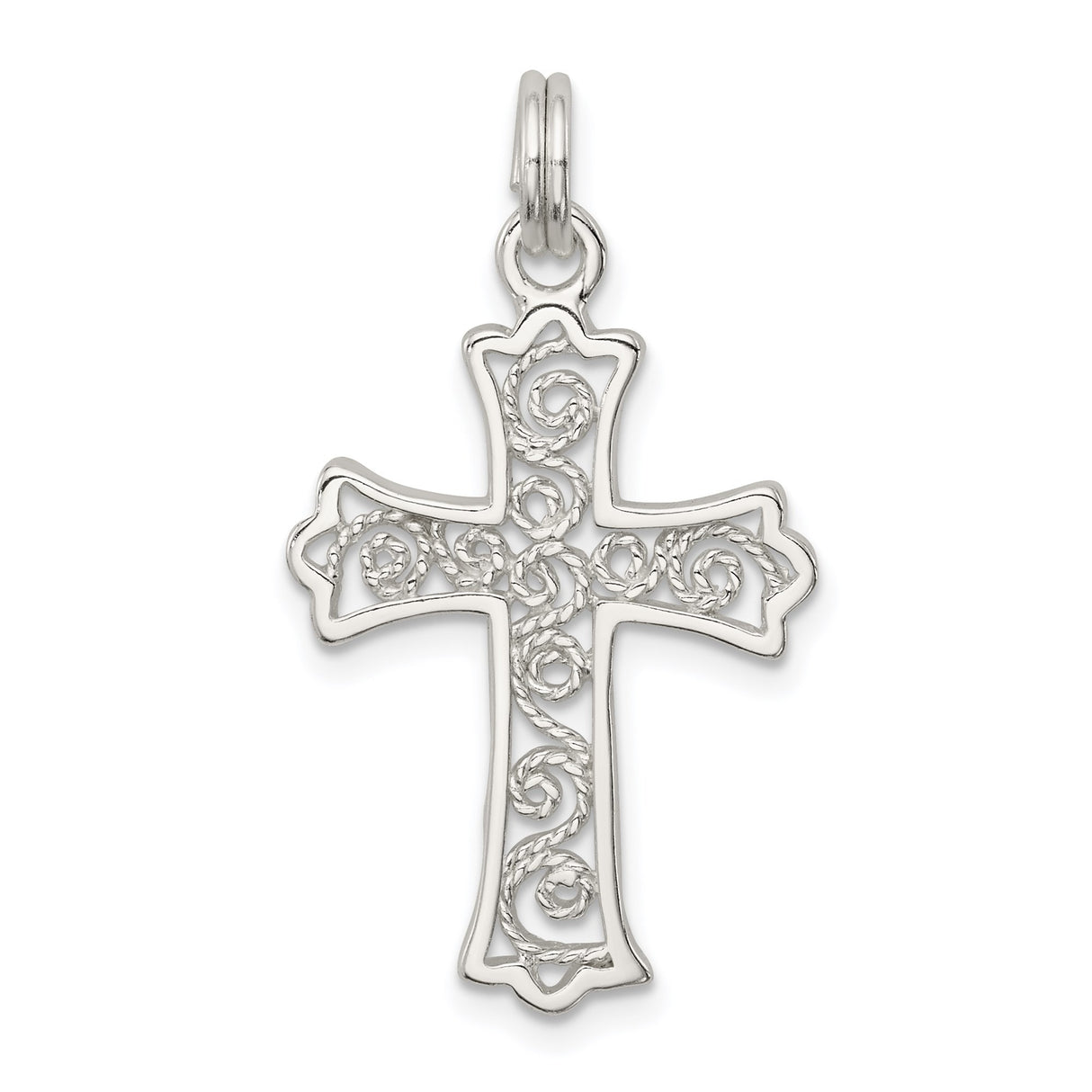Sterling Silver Cross Pendant with Filigree, Rope Detail, and Fleur de Lis Accents