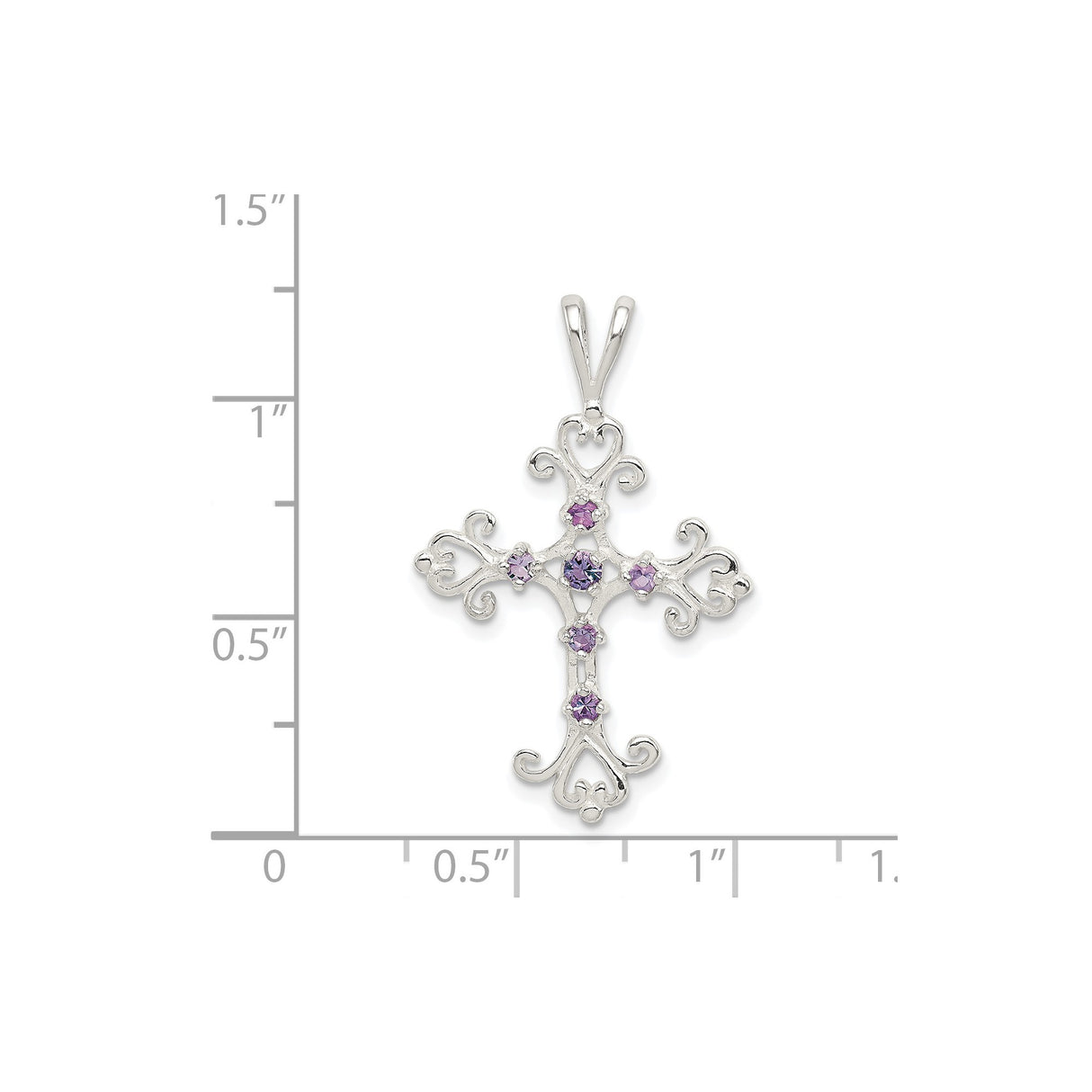 Sterling Silver Cross Pendant with Purple Amethyst and Cubic Zirconia, Vintage Scrollwork Design