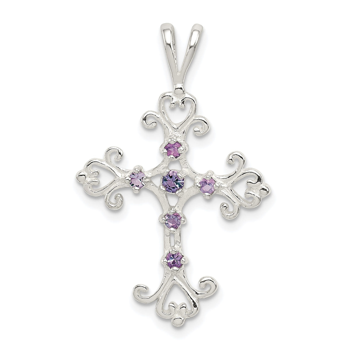 Sterling Silver Cross Pendant with Purple Amethyst and Cubic Zirconia, Vintage Scrollwork Design