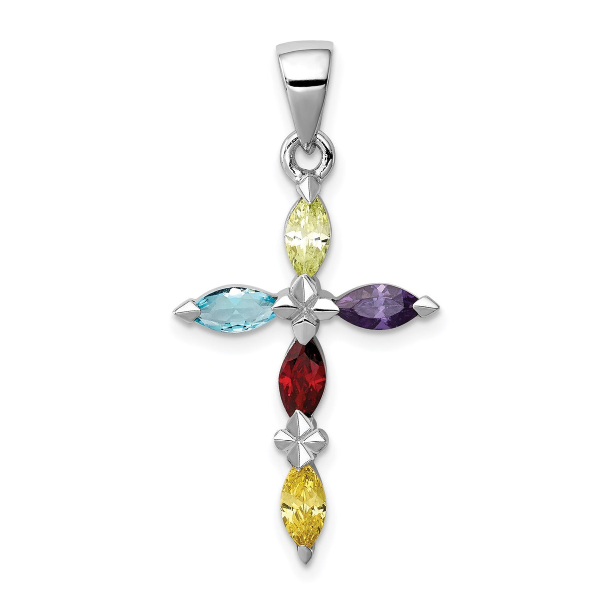 Sterling Silver Cross Pendant with Multicolor Cubic Zirconia Marquise Stones, Unisex Faith Jewelry