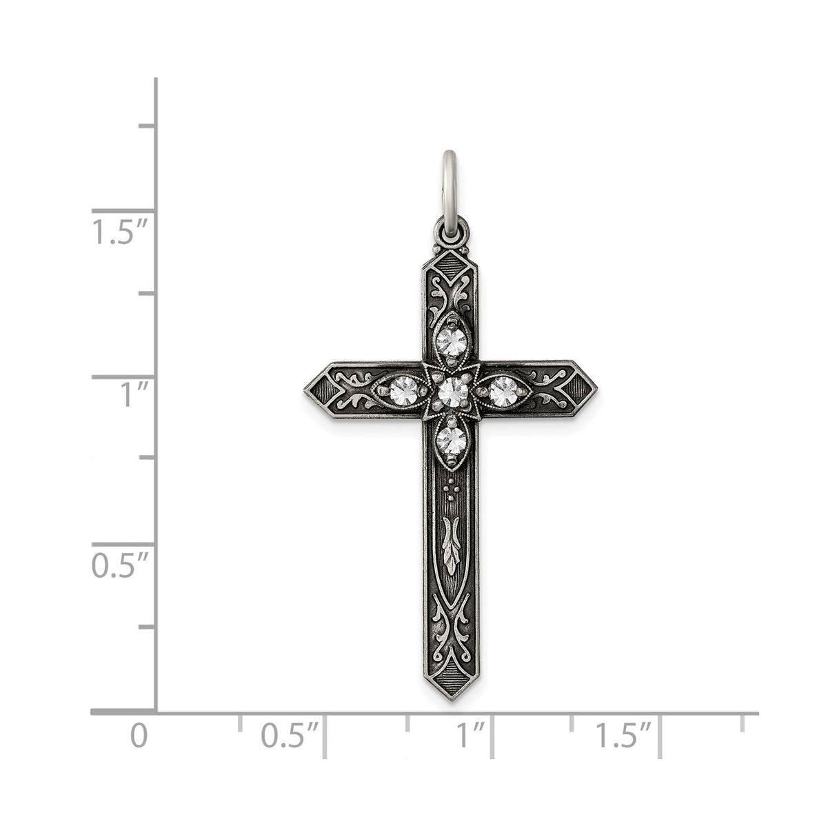 Sterling Silver Cross Pendant with Marquise Glass, Floral Motif and Gothic Scrollwork