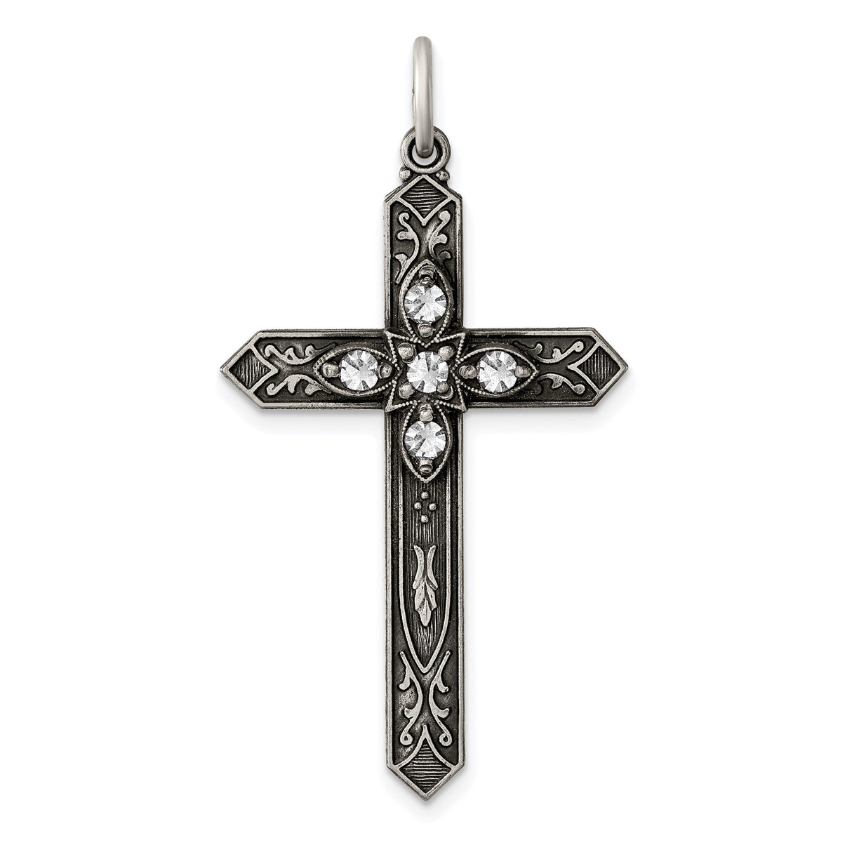 Sterling Silver Cross Pendant with Marquise Glass, Floral Motif and Gothic Scrollwork