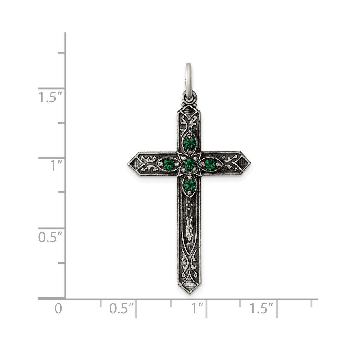 Sterling Silver Cross Pendant with Green Glass, Vintage Filigree Religious Design