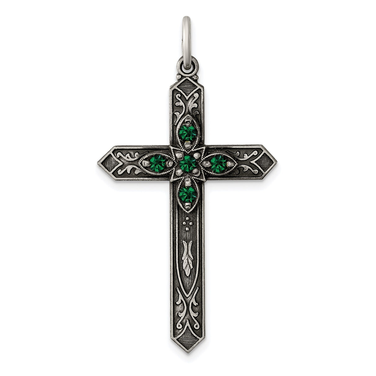 Sterling Silver Cross Pendant with Green Glass, Vintage Filigree Religious Design