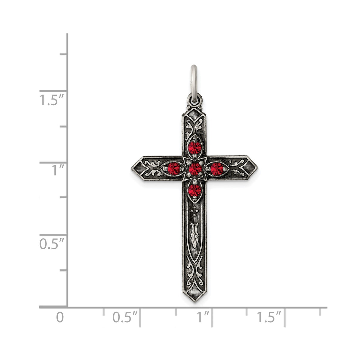 Sterling Silver Cross Pendant with Garnet Red Glass, Floral Motif and Beveled Edges