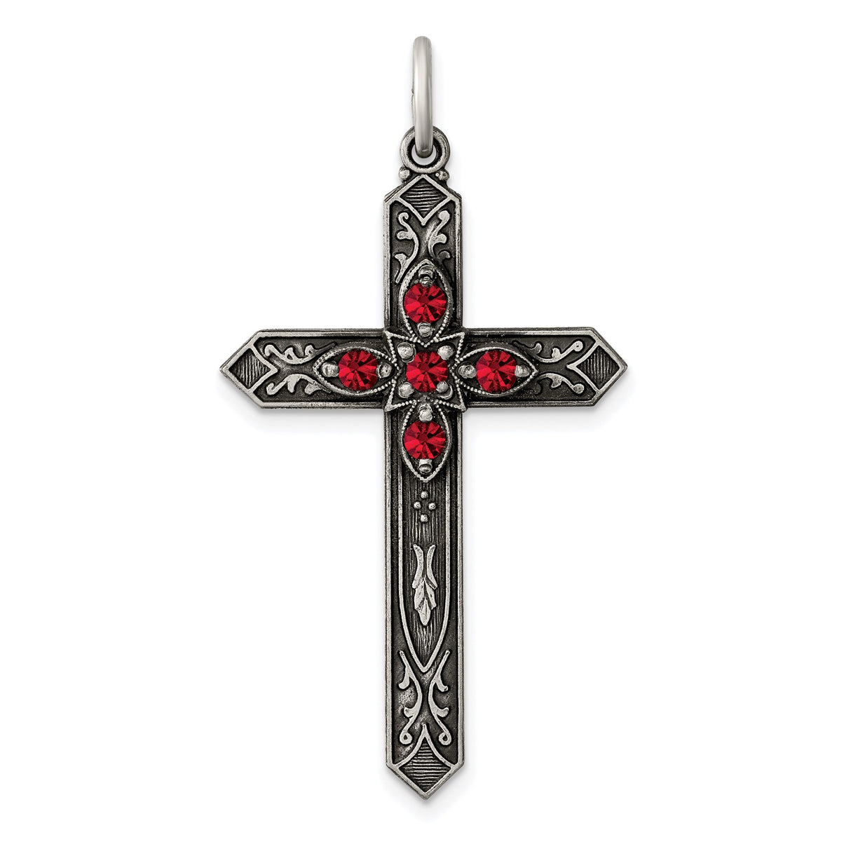 Sterling Silver Cross Pendant with Garnet Red Glass, Floral Motif and Beveled Edges