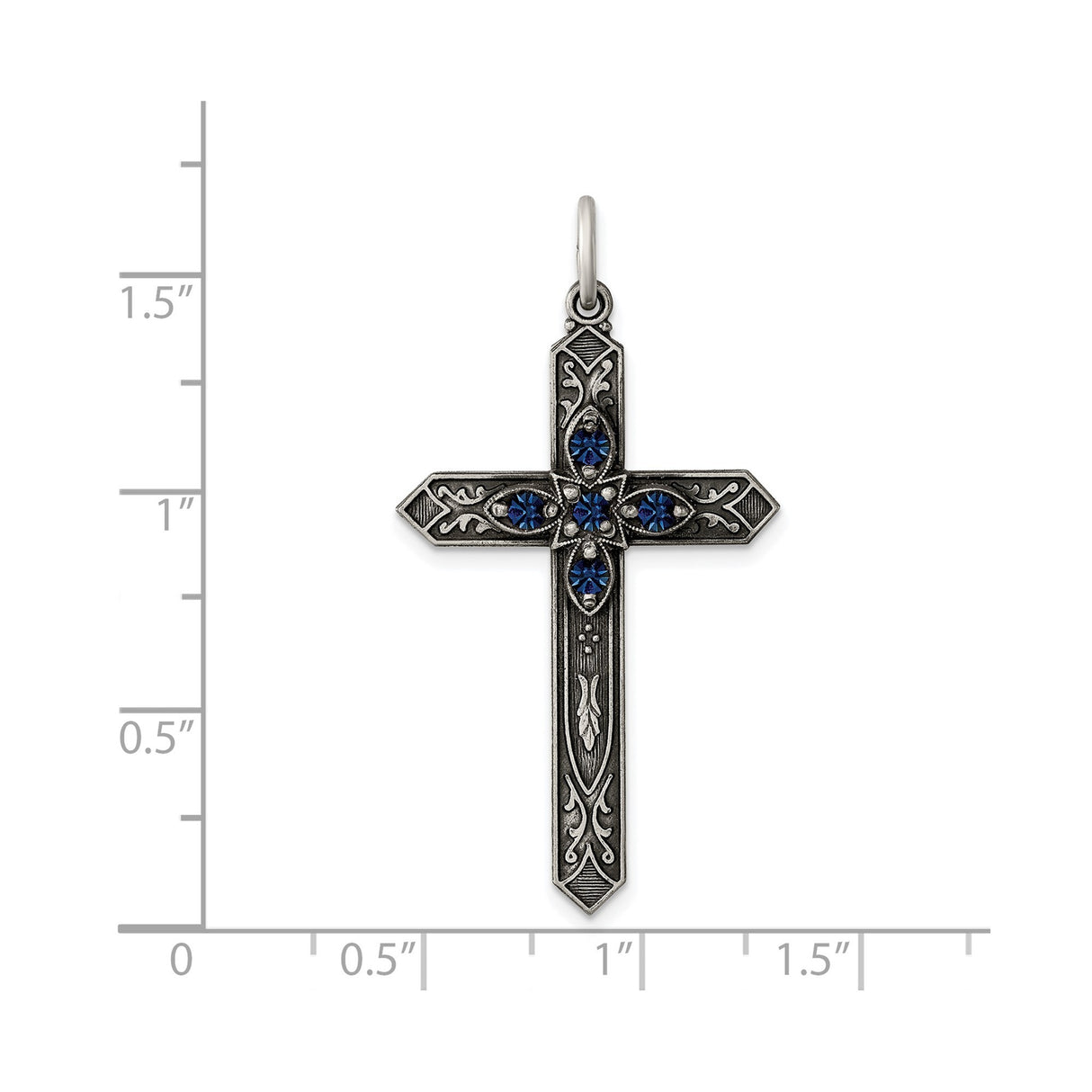 Sterling Silver Cross Pendant with Sapphire Crystal, Vintage Oxidized Religious Design