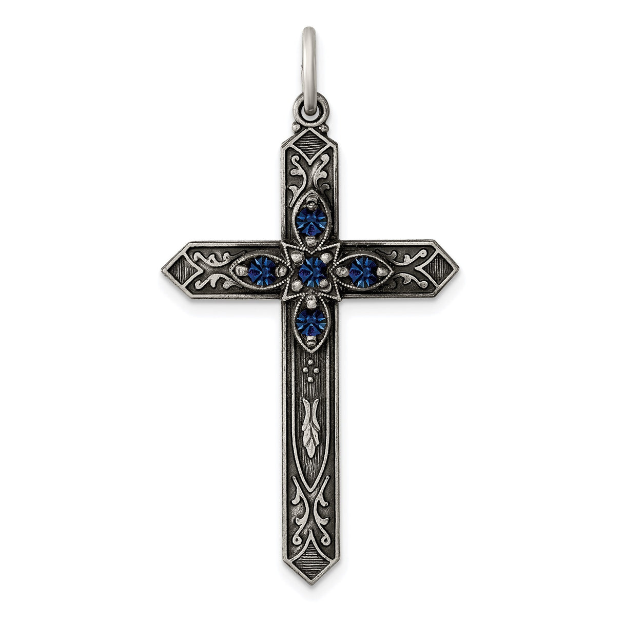 Sterling Silver Cross Pendant with Sapphire Crystal, Vintage Oxidized Religious Design