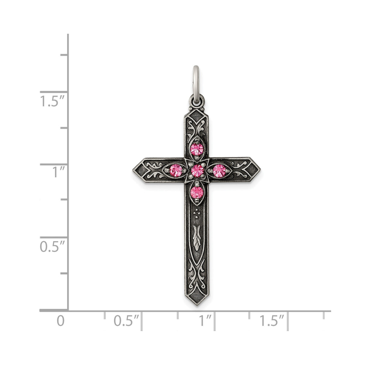 Sterling Silver Cross Pendant with Pink Glass Gemstone, Romantic Gothic Floral Design