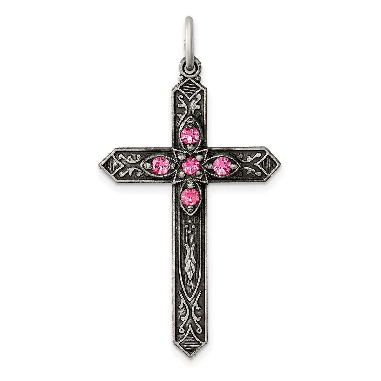 Sterling Silver Cross Pendant with Pink Glass Gemstone, Romantic Gothic Floral Design