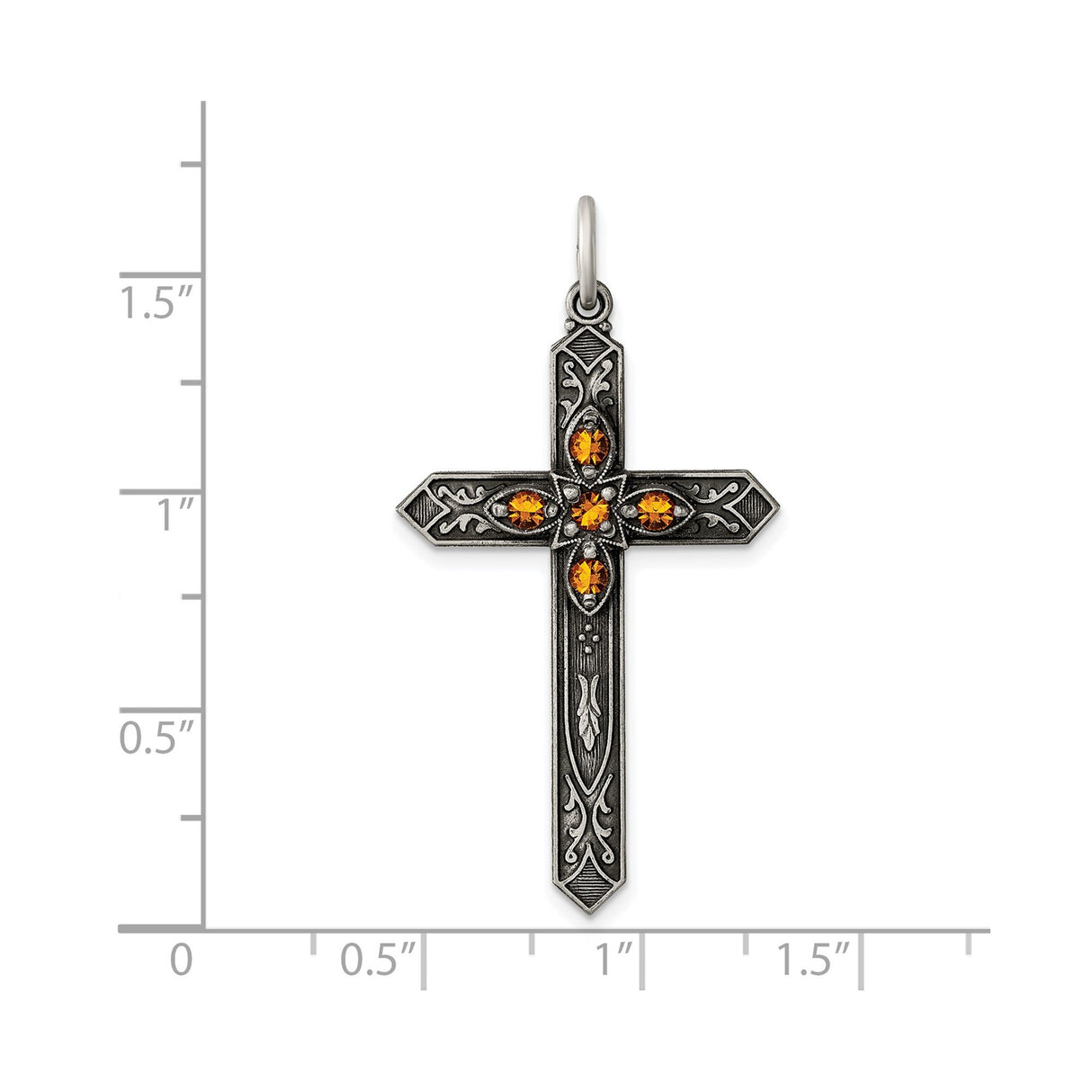 Sterling Silver Cross Pendant with Amber Marquise, Oxidized Finish, Vintage Gothic Style