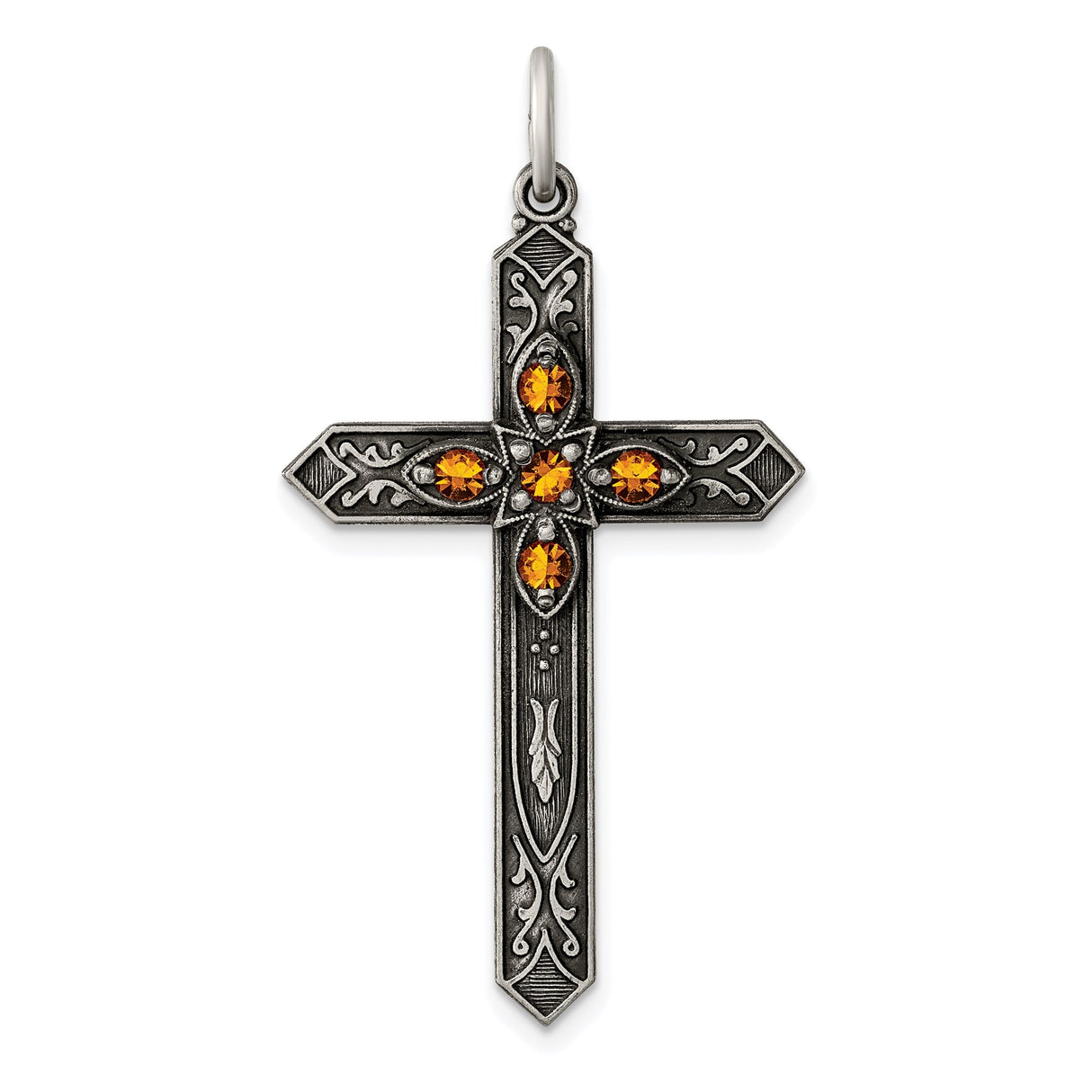 Sterling Silver Cross Pendant with Amber Marquise, Oxidized Finish, Vintage Gothic Style