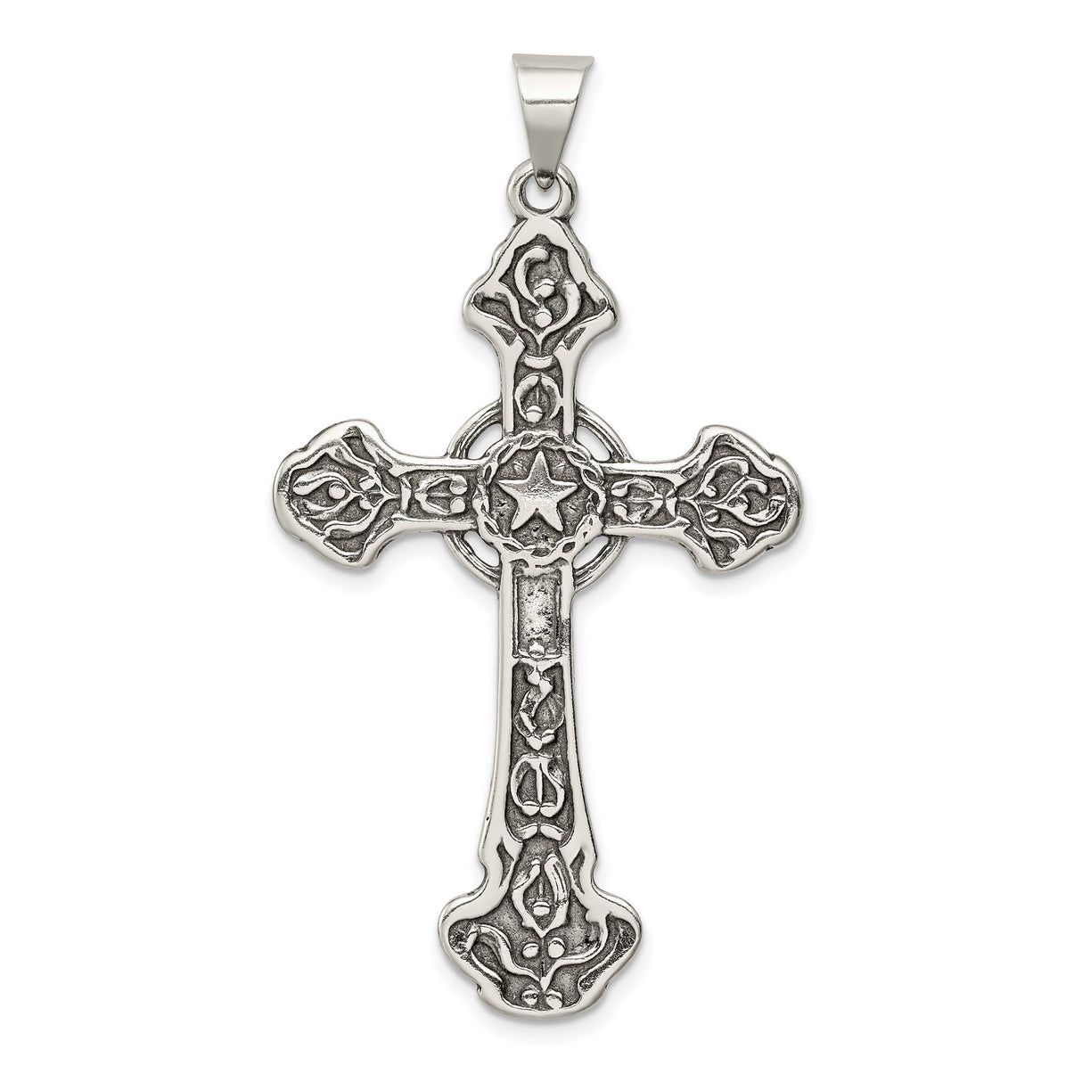 Sterling Silver Cross Pendant with Flared Arms and Textured Scroll Design