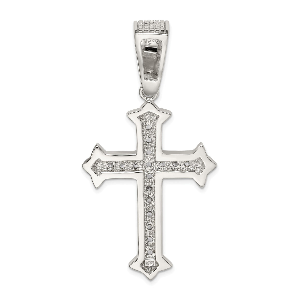 Sterling Silver Cross Pendant with Cubic Zirconia Flare Tip Design and Textured Bail