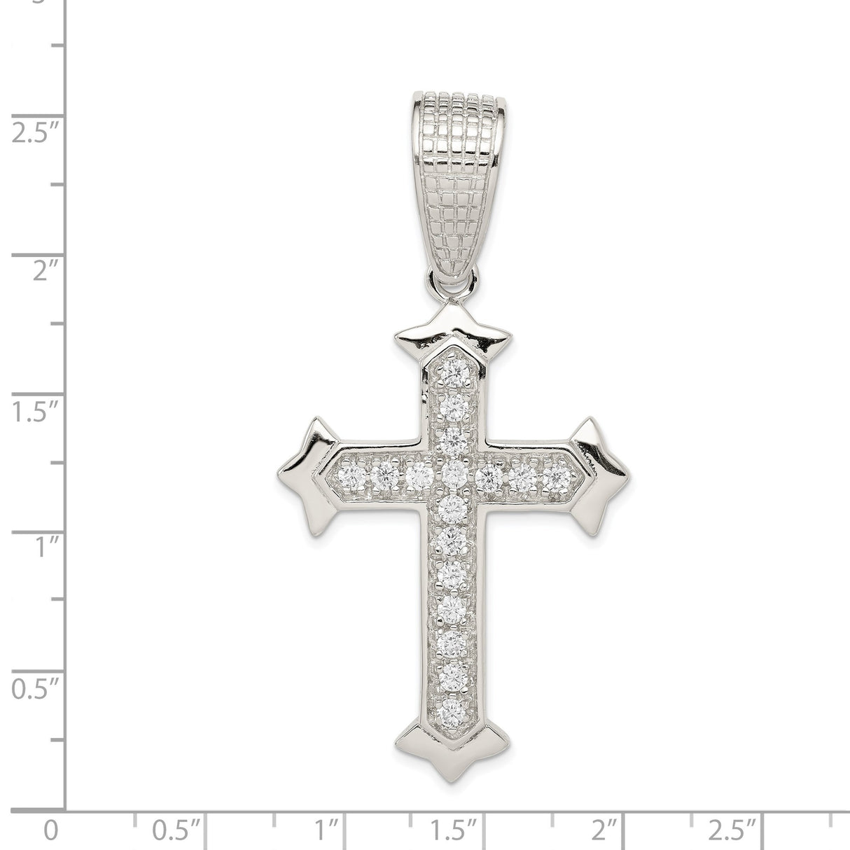 Sterling Silver Cross Pendant with Cubic Zirconia Flare Tip Design and Textured Bail