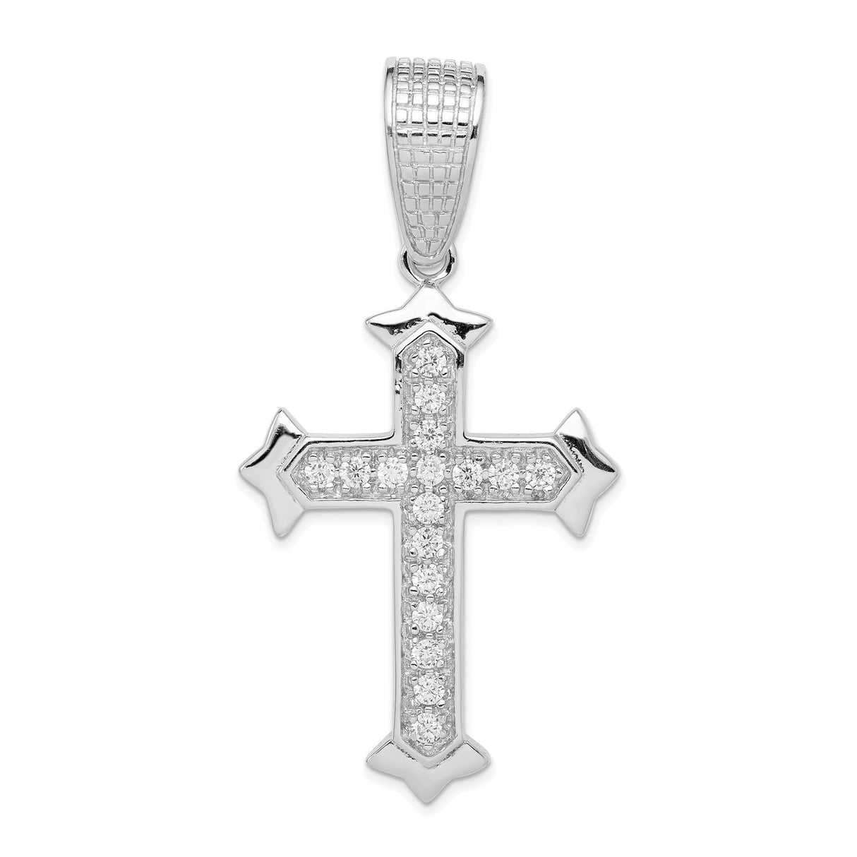 Sterling Silver Cross Pendant with Cubic Zirconia Flare Tip Design and Textured Bail