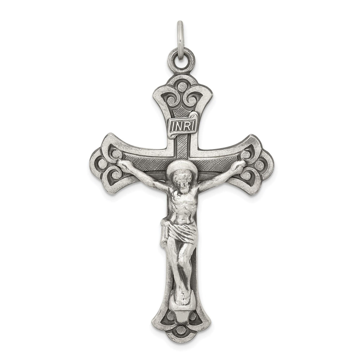 Sterling Silver Crucifix Cross Pendant with Flared Edge and Dimensional Jesus Detail