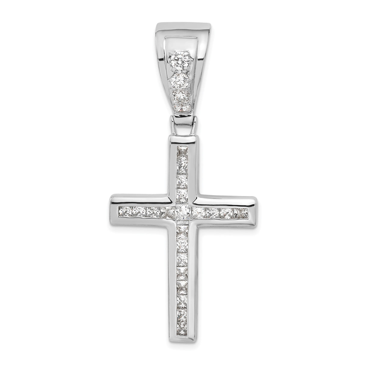 Sterling Silver Cross Pendant with Square Diamonds and Cubic Zirconia, Modern Four Arm Design
