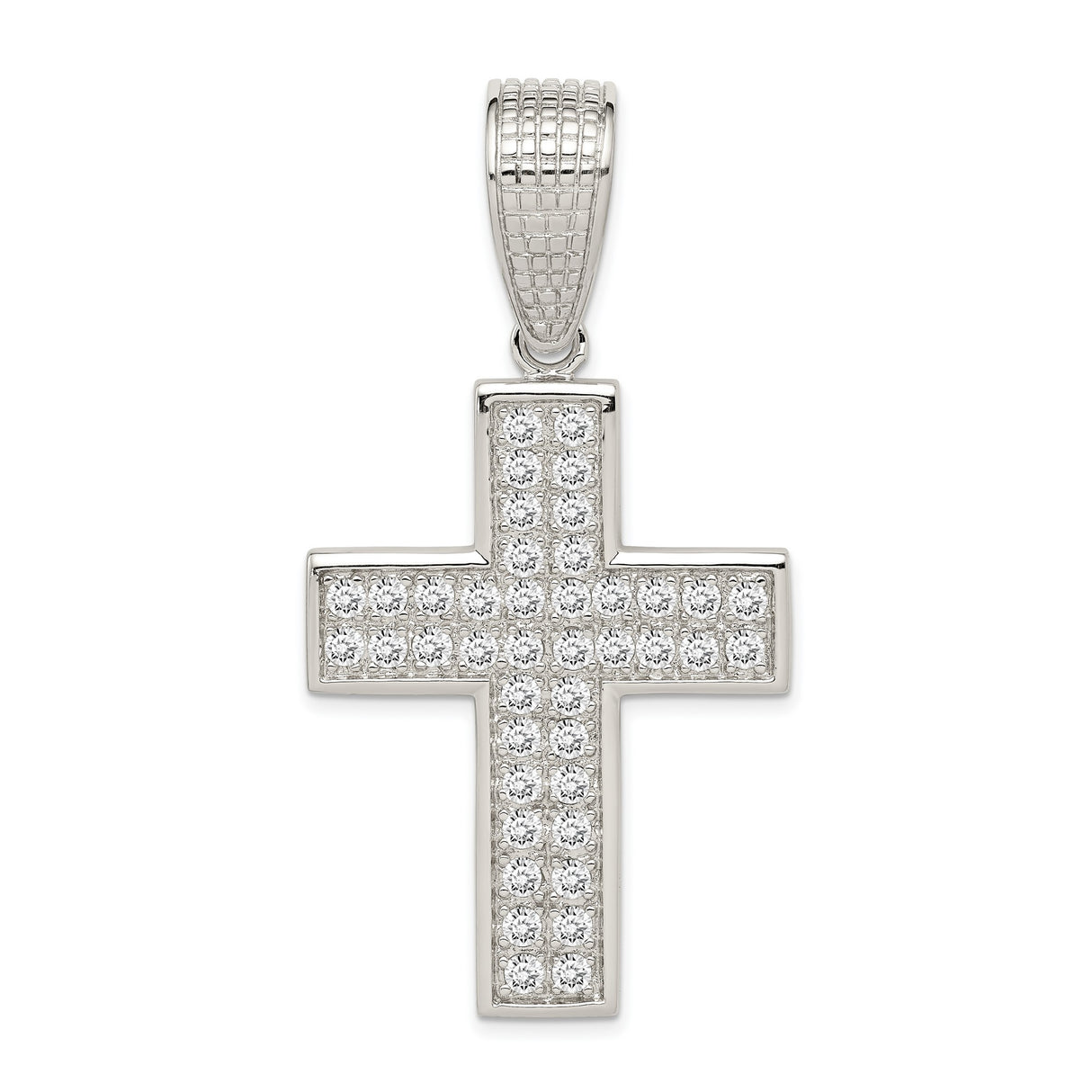 Sterling Silver Cross Pendant with Cubic Zirconia and Textured Bail in Modern Style