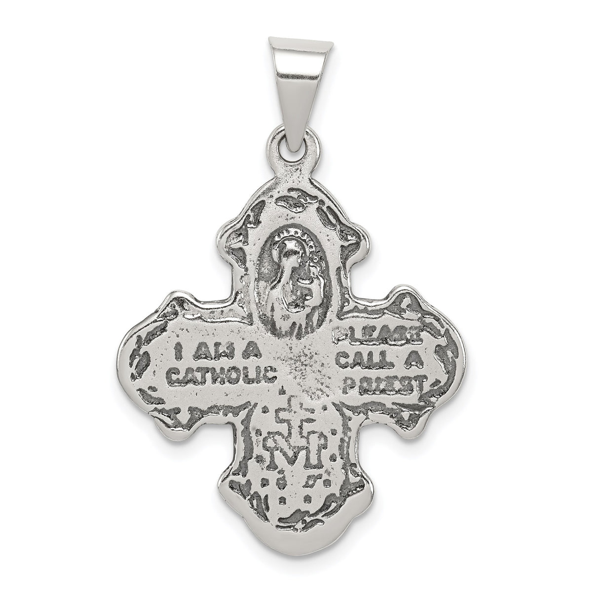 Sterling Silver Four-Way Cross Pendant with Jesus, Virgin Mary, and Saints, Catholic Religious Medal