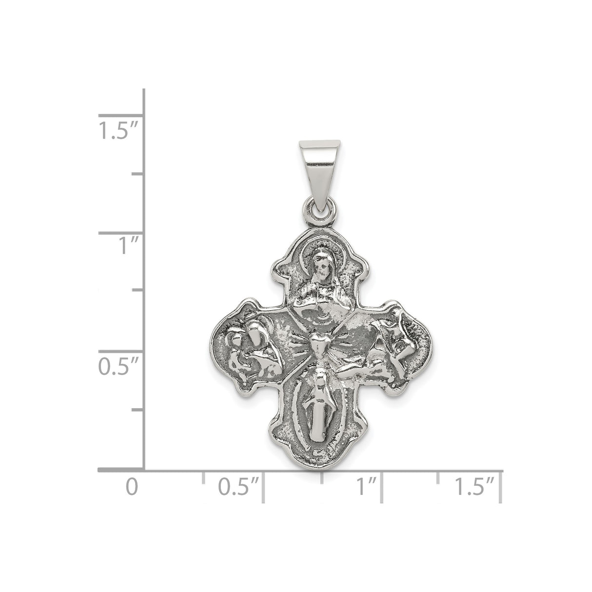Sterling Silver Four-Way Cross Pendant with Jesus, Virgin Mary, and Saints, Catholic Religious Medal